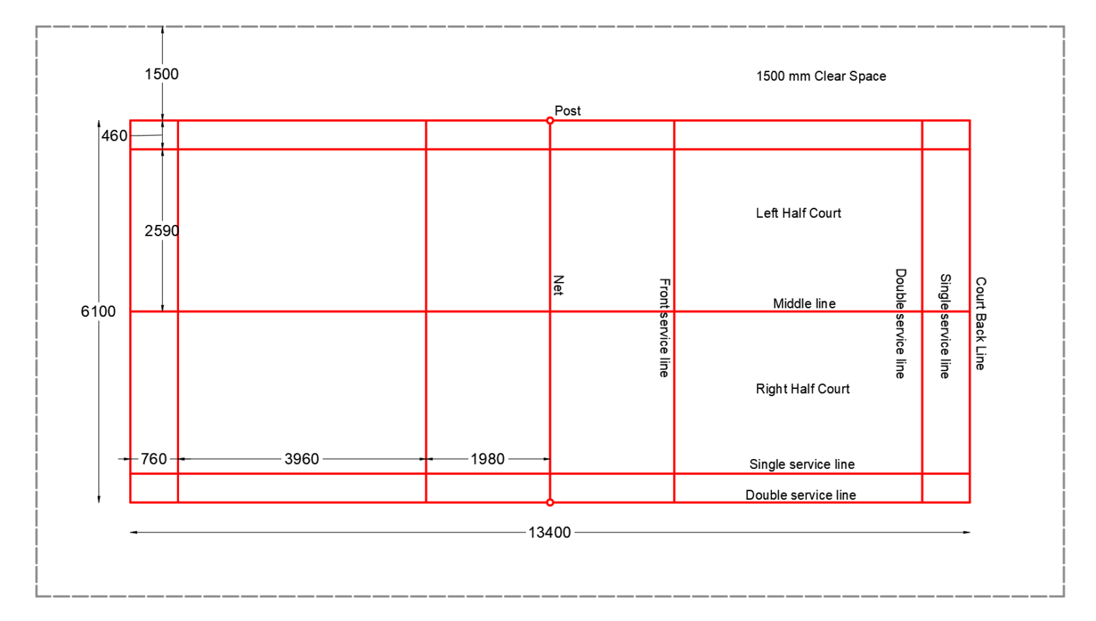 Badminton Court (Standard dimensions & Drawing) - Layak Architect