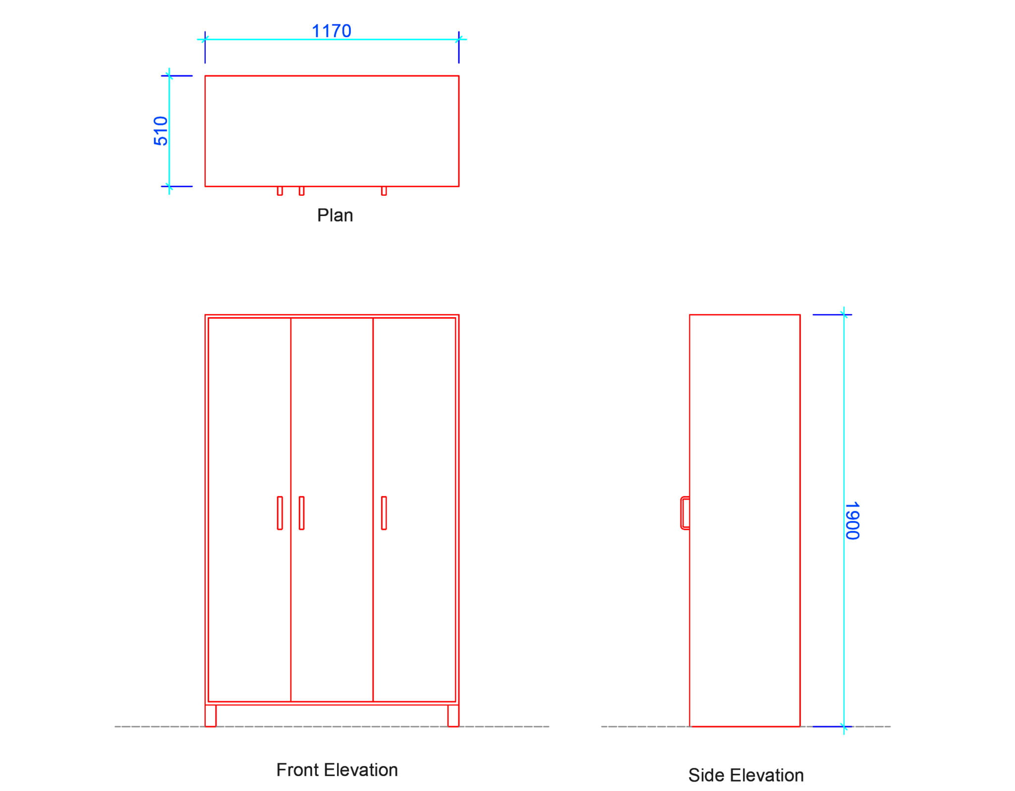 Triple Door Wardrobe (Dimensions in mm & Free Dwg.) Layak Architect