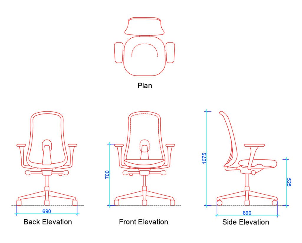 office chair plan and elevation with dimensions