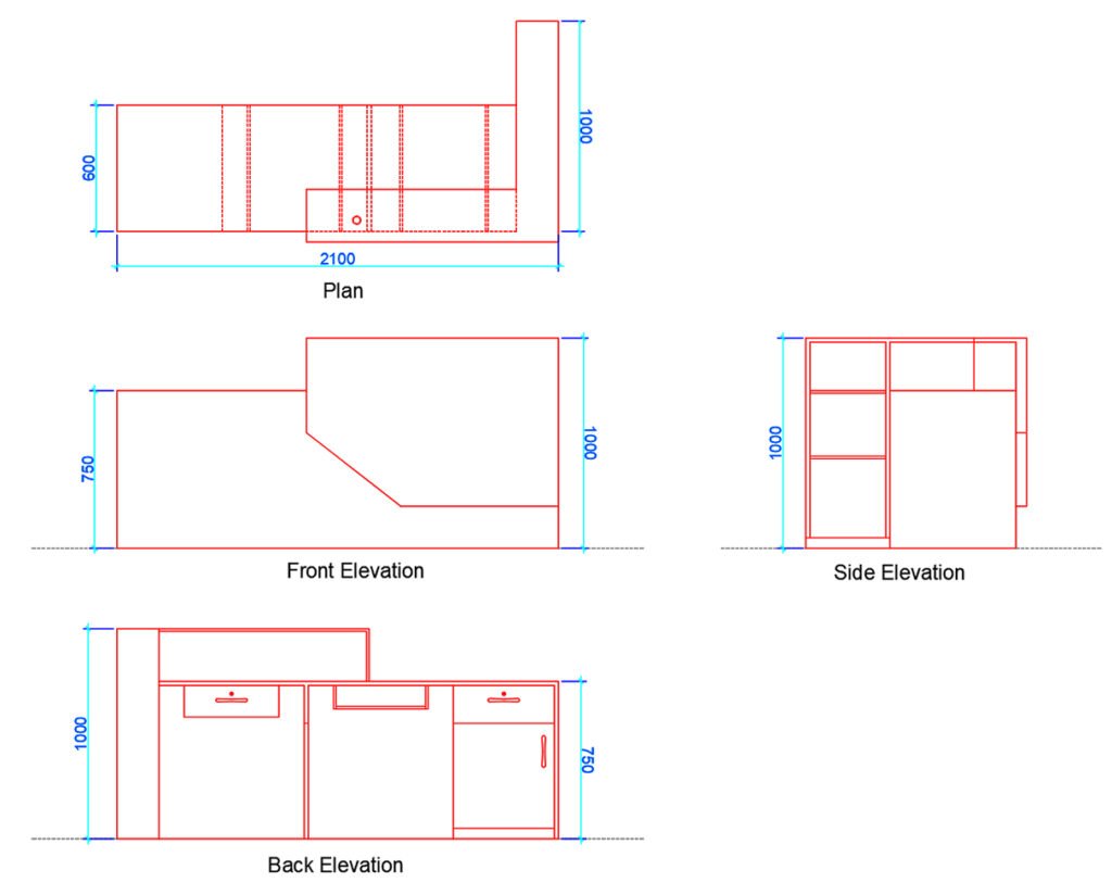 reception desk plan and elevation with dimensions