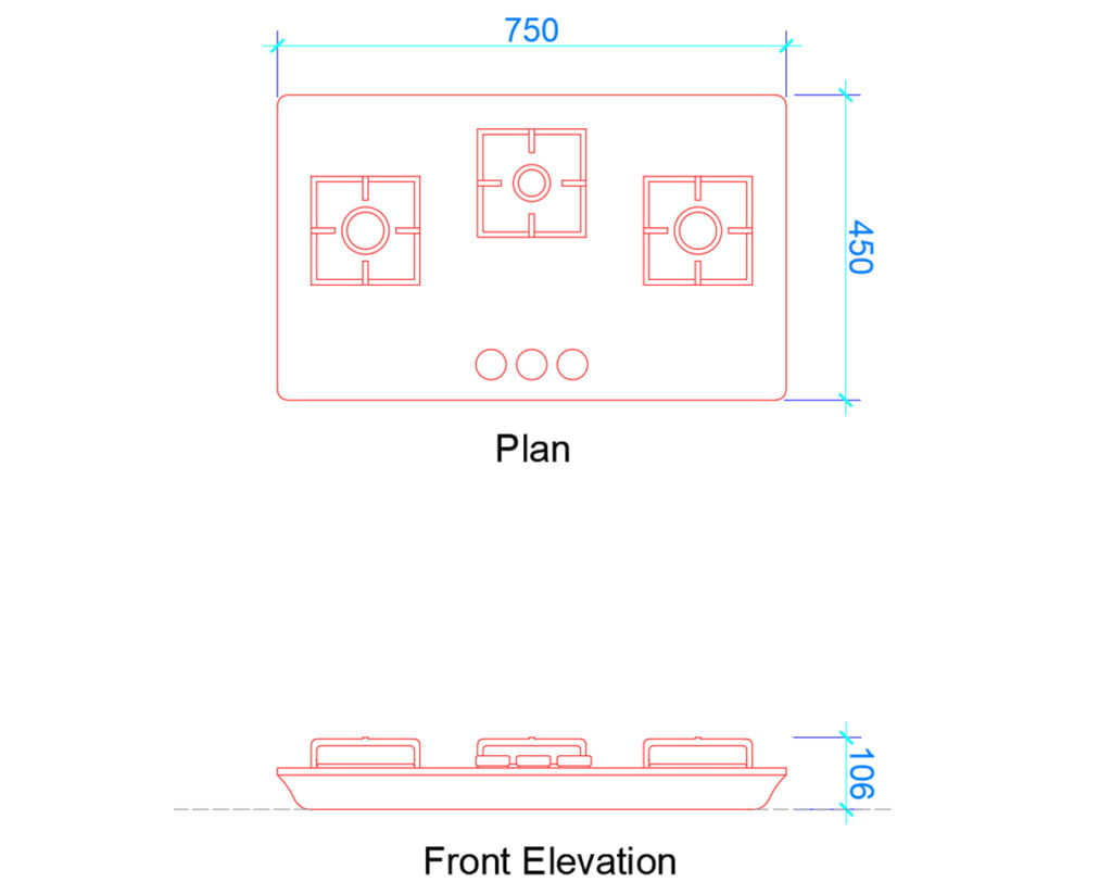 built-in hob plan and elevation with dimensions