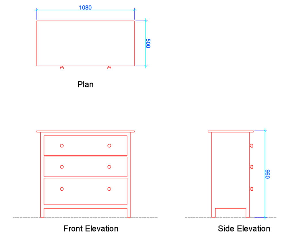 dresser plan and elevation with dimensions
