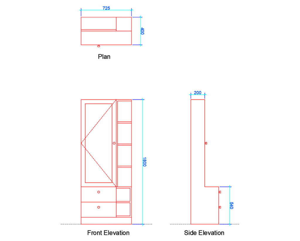 dressings table plan and elevation with dimensions