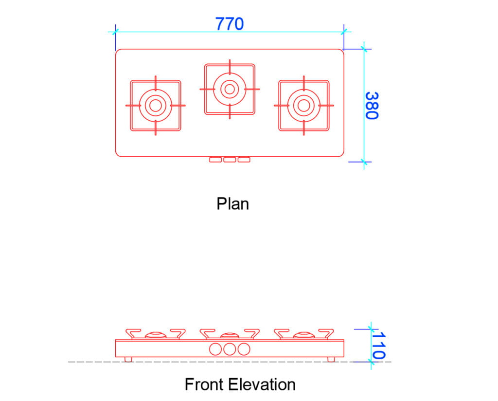 burner plan and elevation with dimensions