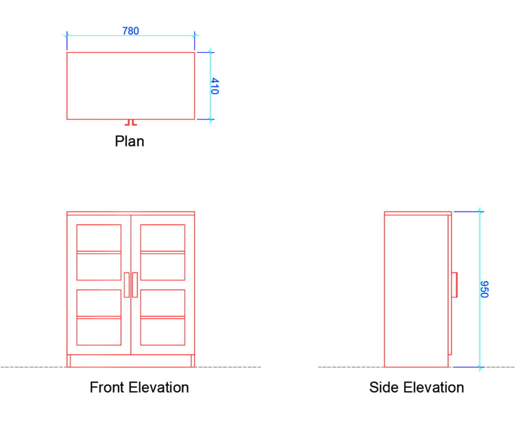 glass door cabinet plan and elevation with dimensions