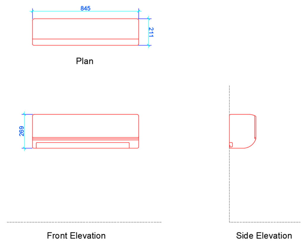 inverter split ac plan and elevation with dimensions