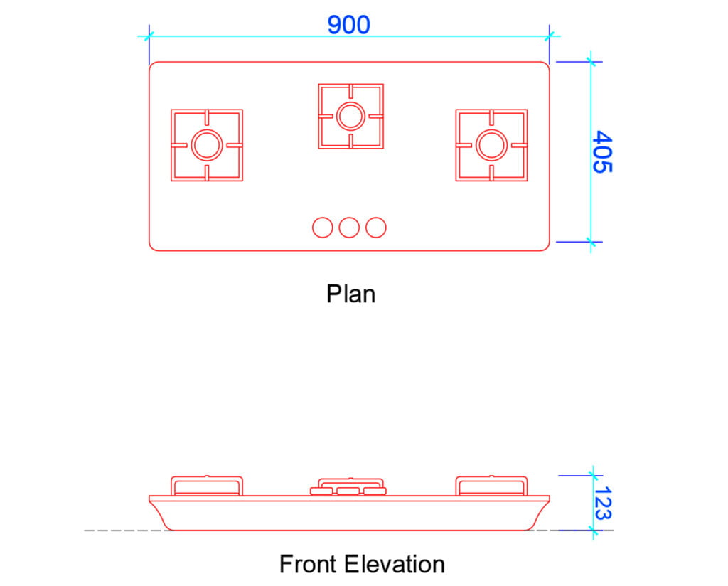 built in hob plan and elevation with dimensions