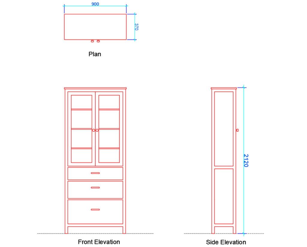 glass cabinet plan and elevation with dimensions
